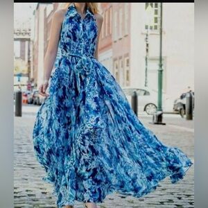 Bagley Mischa Indigo Multi Maxi halter shirt dress, size 10